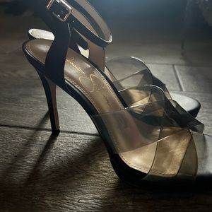 NEW Black leather pump with wide clear black straps/ black leather ankle strap.